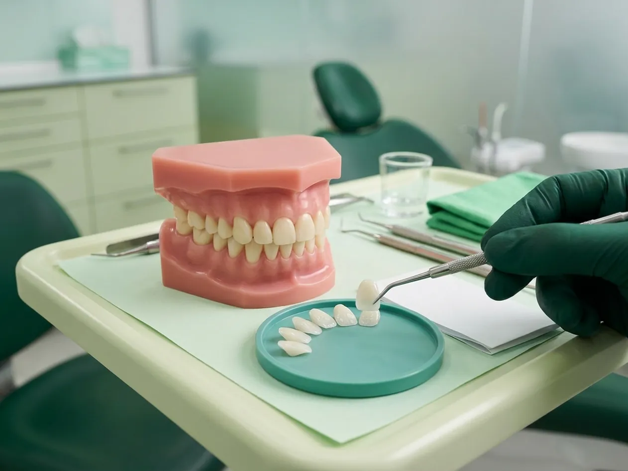 Render clinico del costo delle faccette: sei faccette a ventaglio sul vassoio, col preventivo