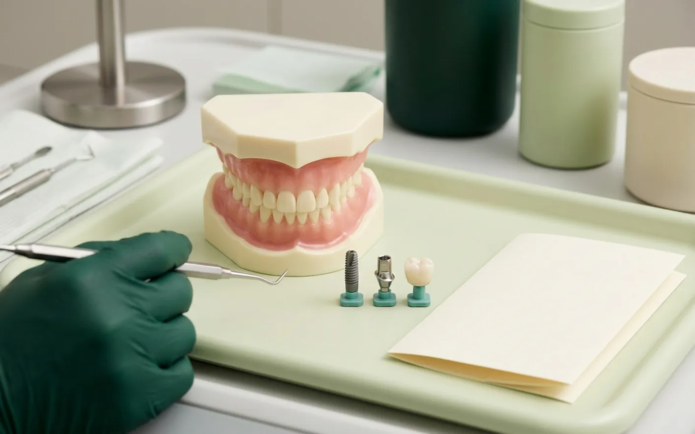 Render clinico del costo dell'impianto: vite, moncone e corona su tre sostegni, col preventivo accanto