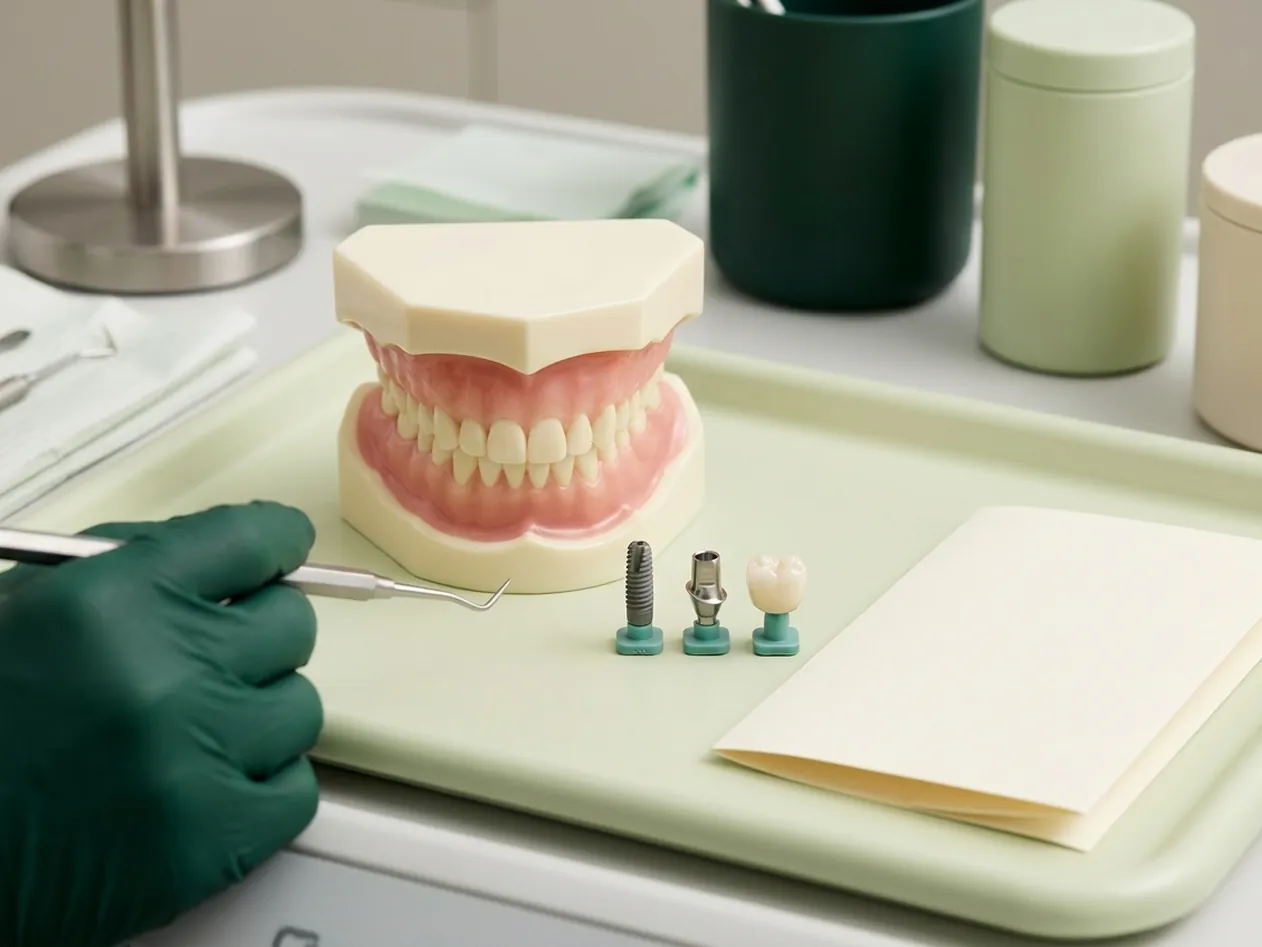 Render clinico del costo dell'impianto: vite, moncone e corona su tre sostegni, col preventivo accanto