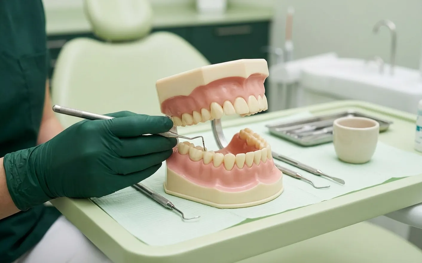 Render clinico del curettage: la curette che leviga la radice nella tasca