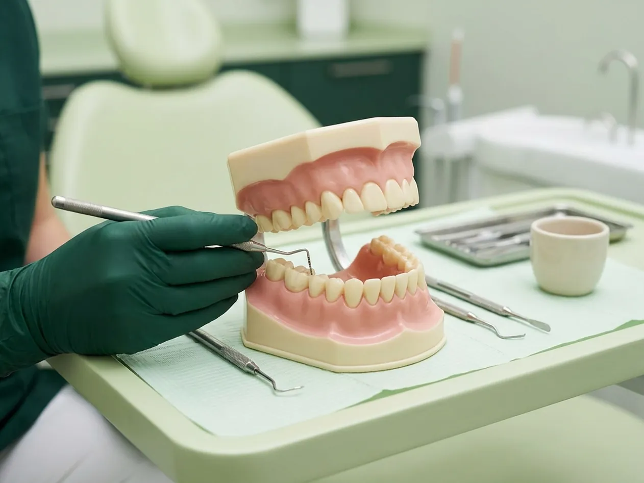 Render clinico del curettage: la curette che leviga la radice nella tasca