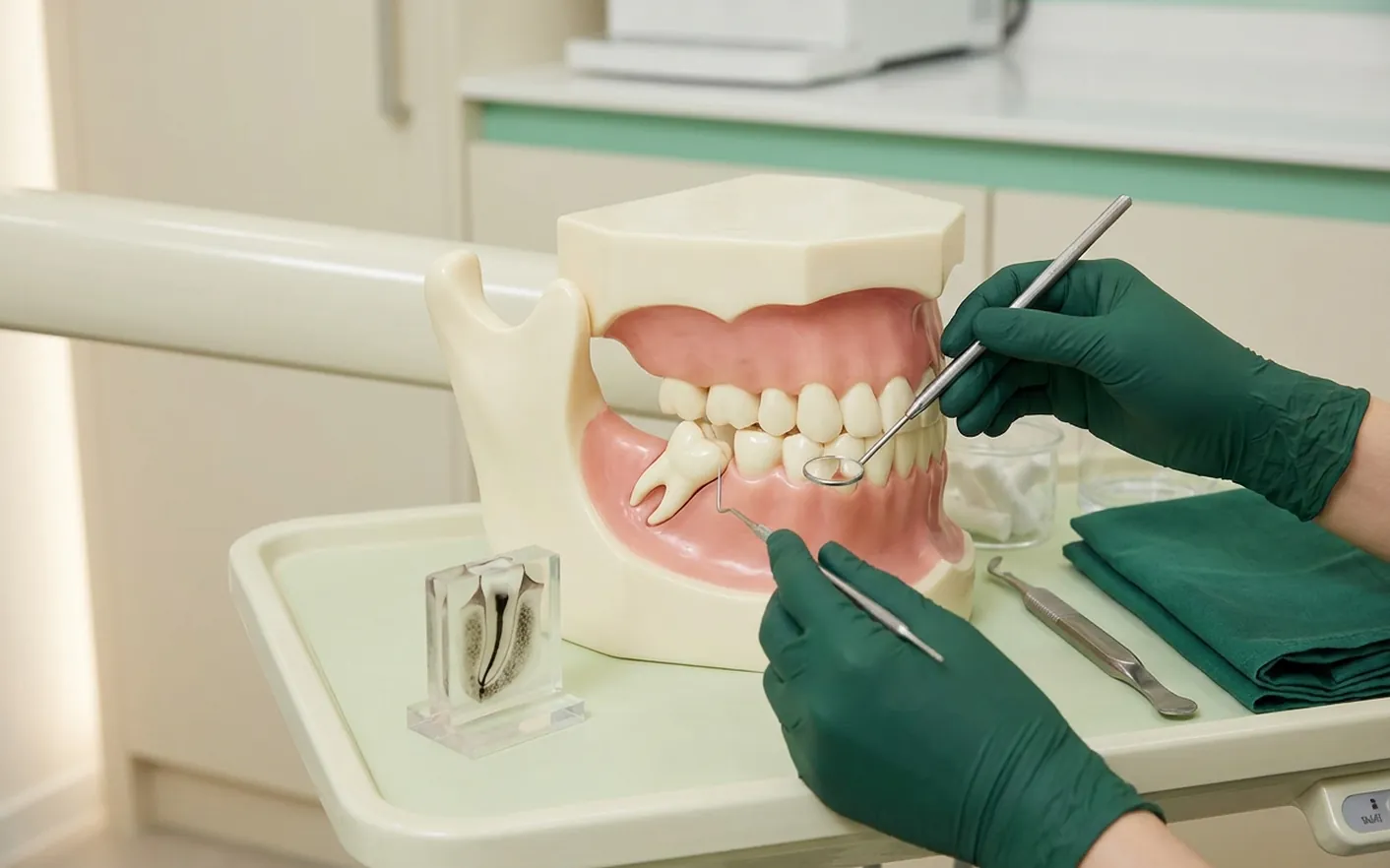Render clinico del dente del giudizio incluso, inclinato sotto la gengiva, con la fetta di TAC e il canale del nervo