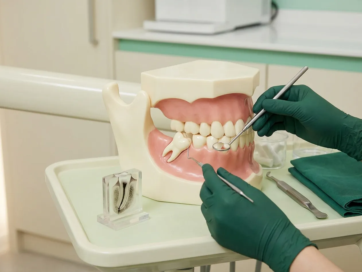 Render clinico del dente del giudizio incluso, inclinato sotto la gengiva, con la fetta di TAC e il canale del nervo