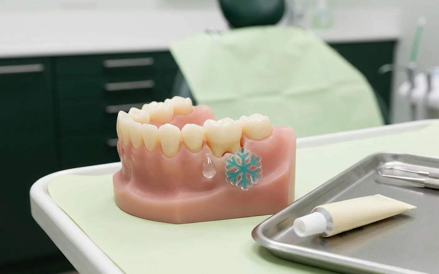 Render clinico dei denti sensibili: il colletto scoperto dalla gengiva ritirata e il gel desensibilizzante