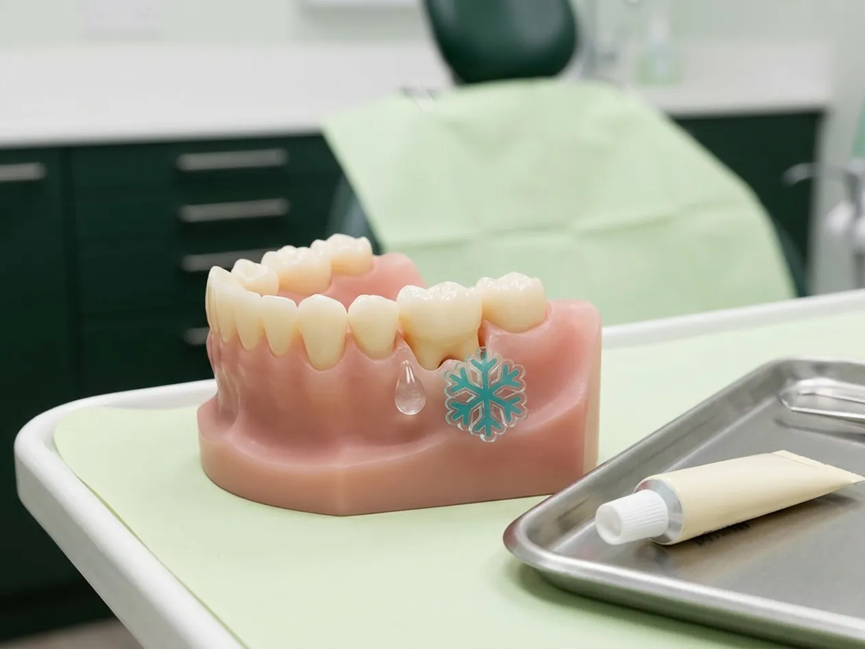 Render clinico dei denti sensibili: il colletto scoperto dalla gengiva ritirata e il gel desensibilizzante