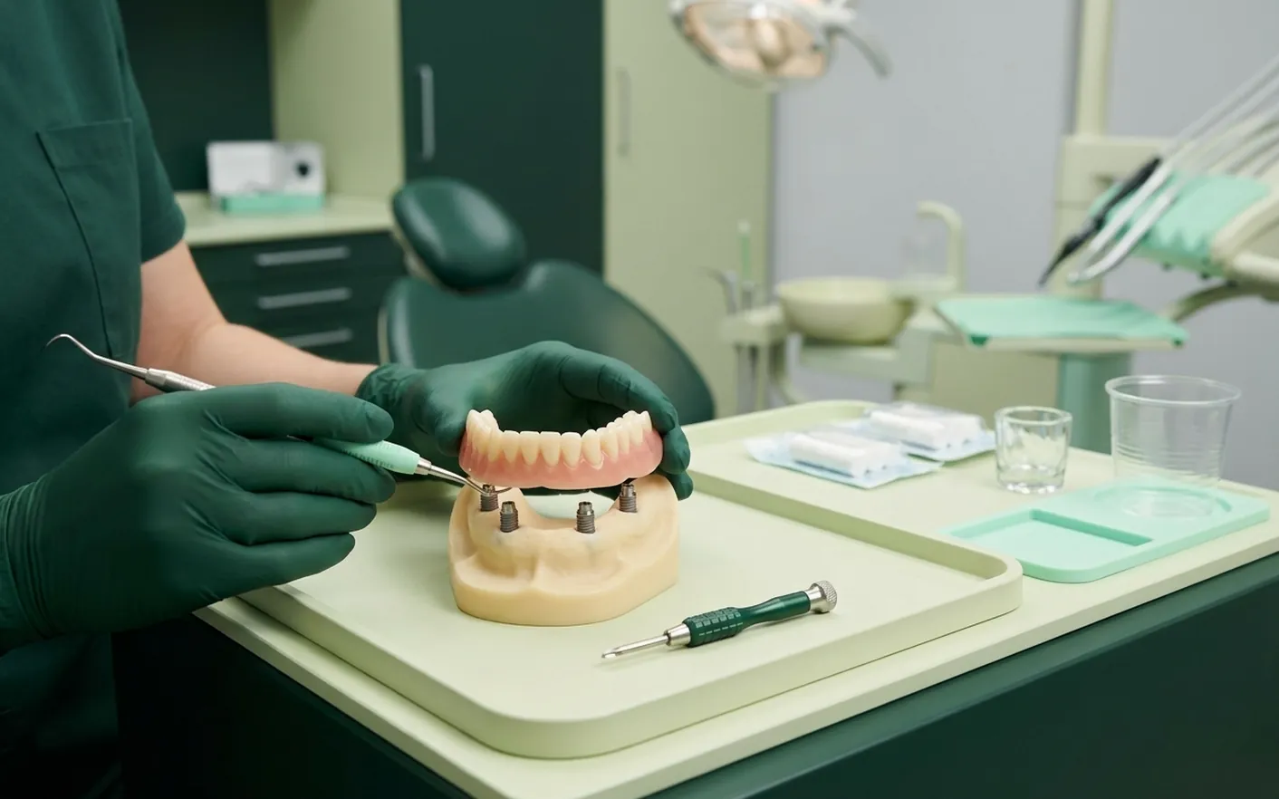 Render clinico della dentiera fissa avvitata sugli impianti, sollevata per mostrare le viti