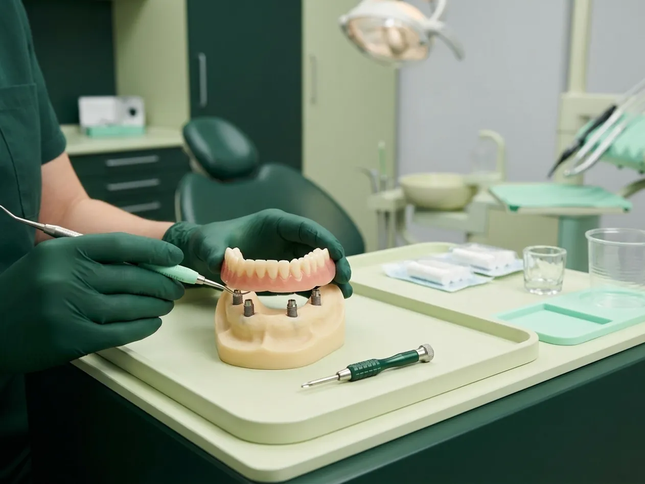 Render clinico della dentiera fissa avvitata sugli impianti, sollevata per mostrare le viti
