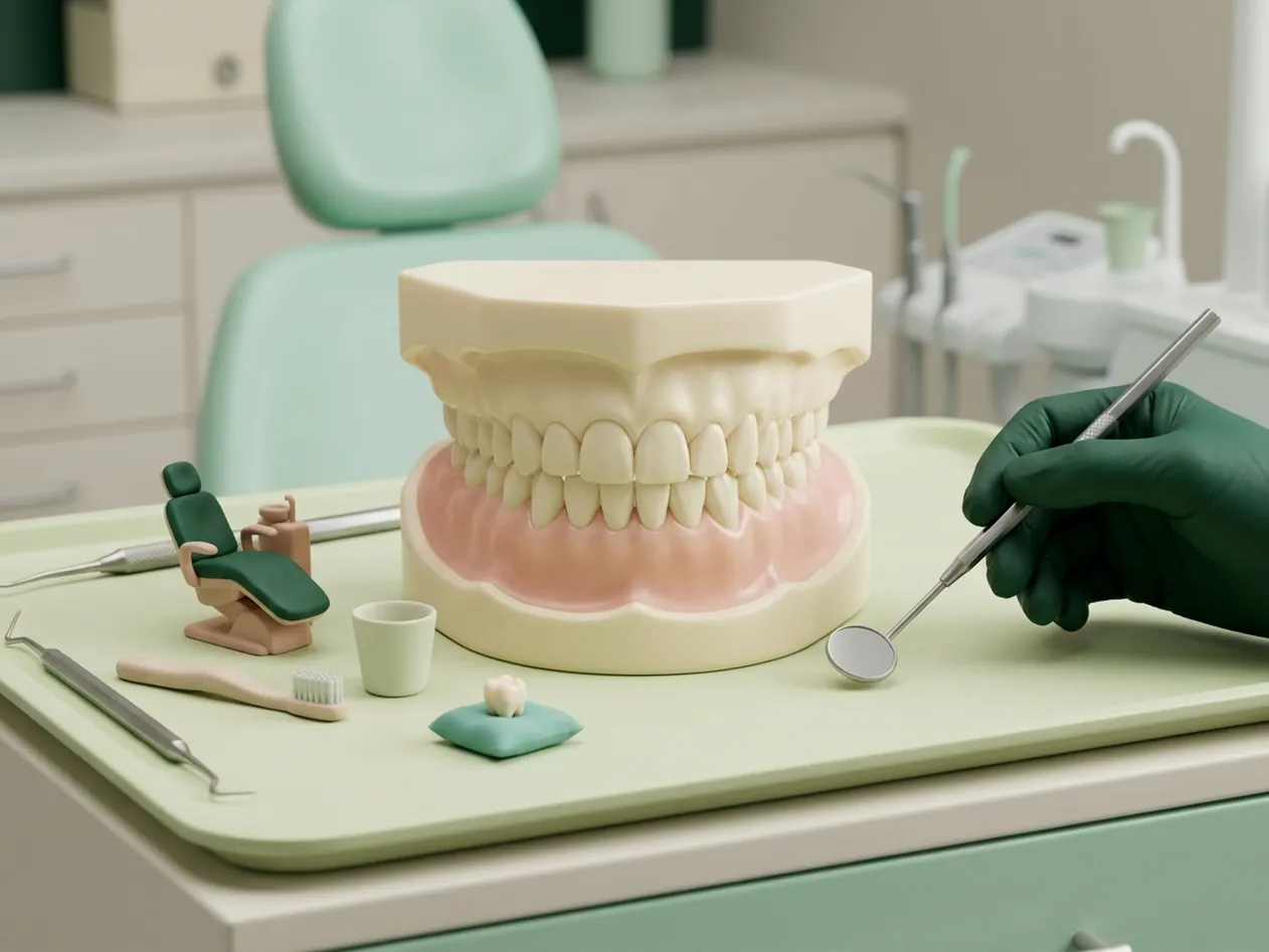 Render clinico del dentista per bambini: la poltroncina, lo spazzolino e il dentino sul cuscino