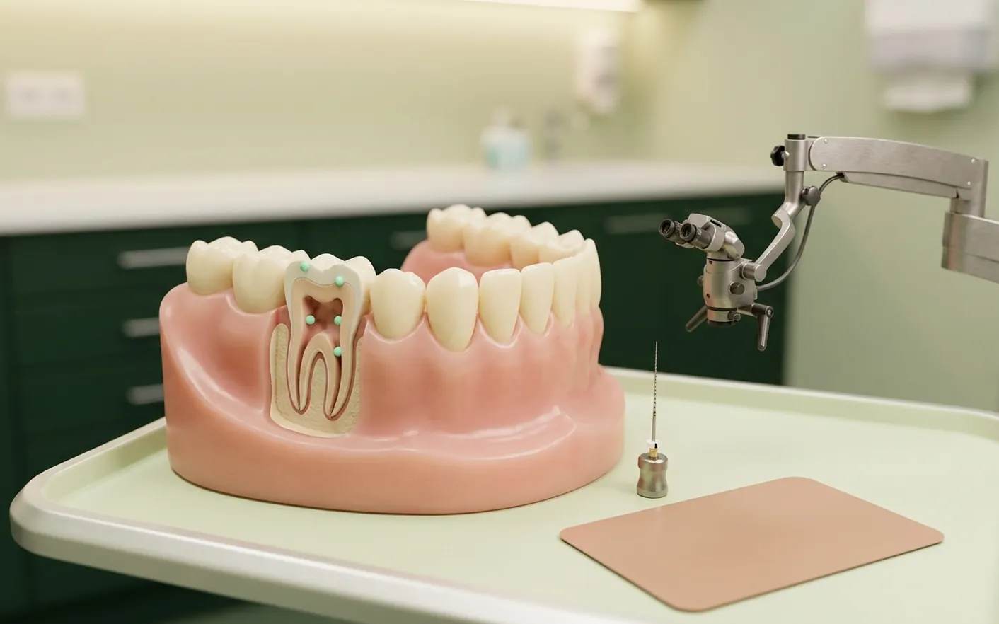 Render clinico dell'endodonzia: dente in sezione, microscopio operatorio e file, la scelta se salvare il dente