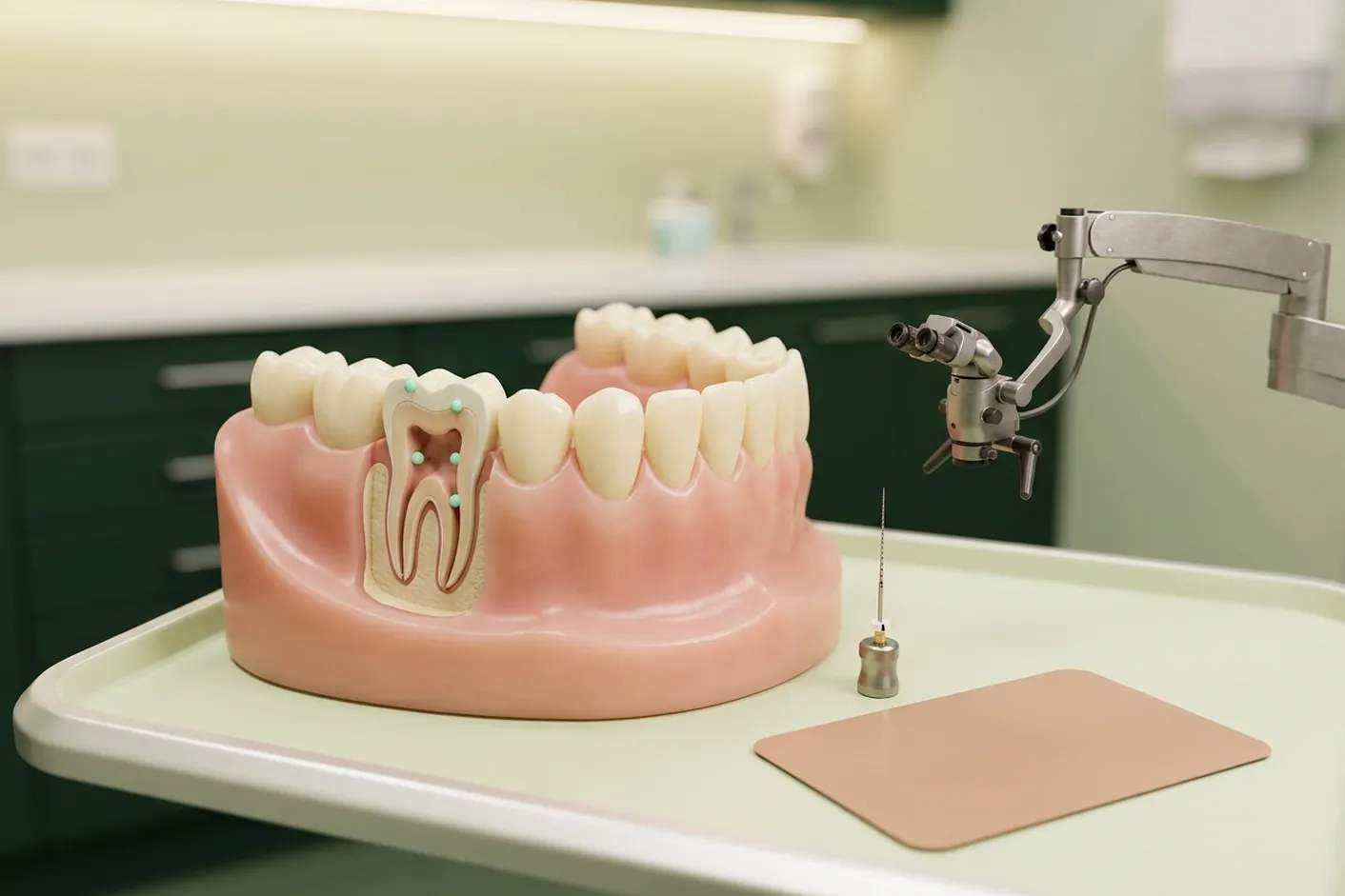 Render clinico dell'endodonzia: dente in sezione, microscopio operatorio e file, la scelta se salvare il dente
