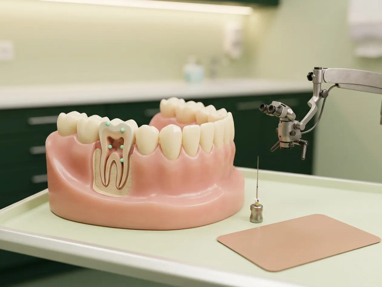 Render clinico dell'endodonzia: dente in sezione, microscopio operatorio e file, la scelta se salvare il dente