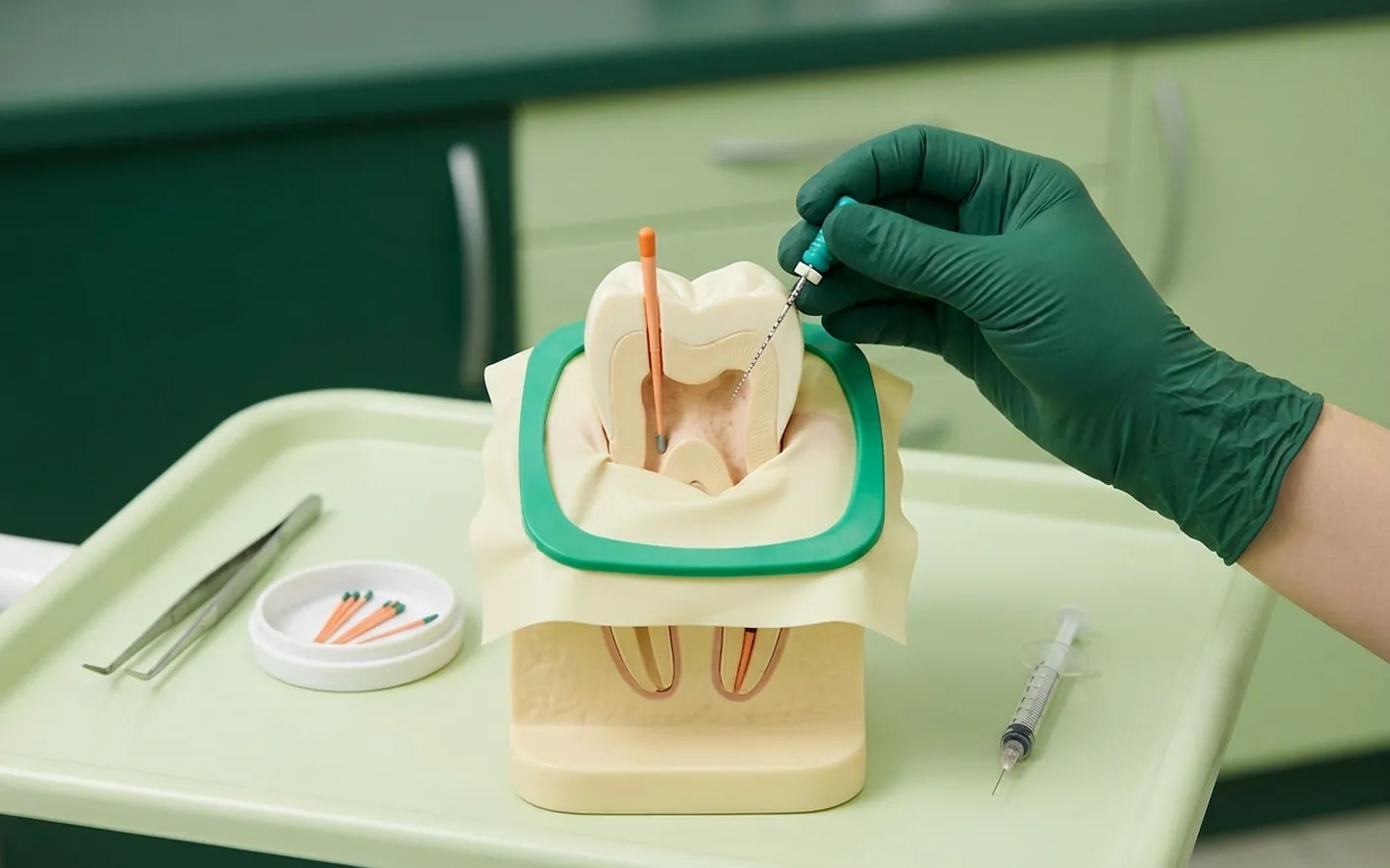 Render clinico della devitalizzazione: i canali puliti dai file e riempiti di guttaperca arancione