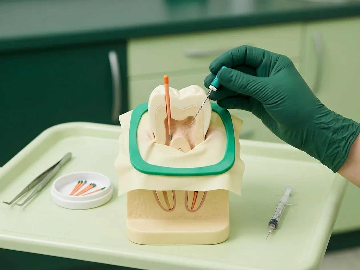 Render clinico della devitalizzazione: i canali puliti dai file e riempiti di guttaperca arancione
