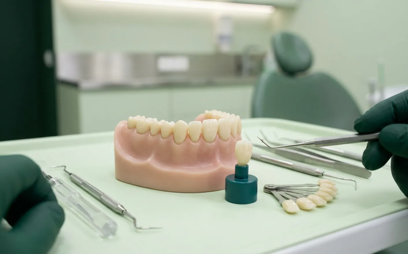 Render clinico dell'estetica dentale: i sei denti anteriori con la scala colori in miniatura