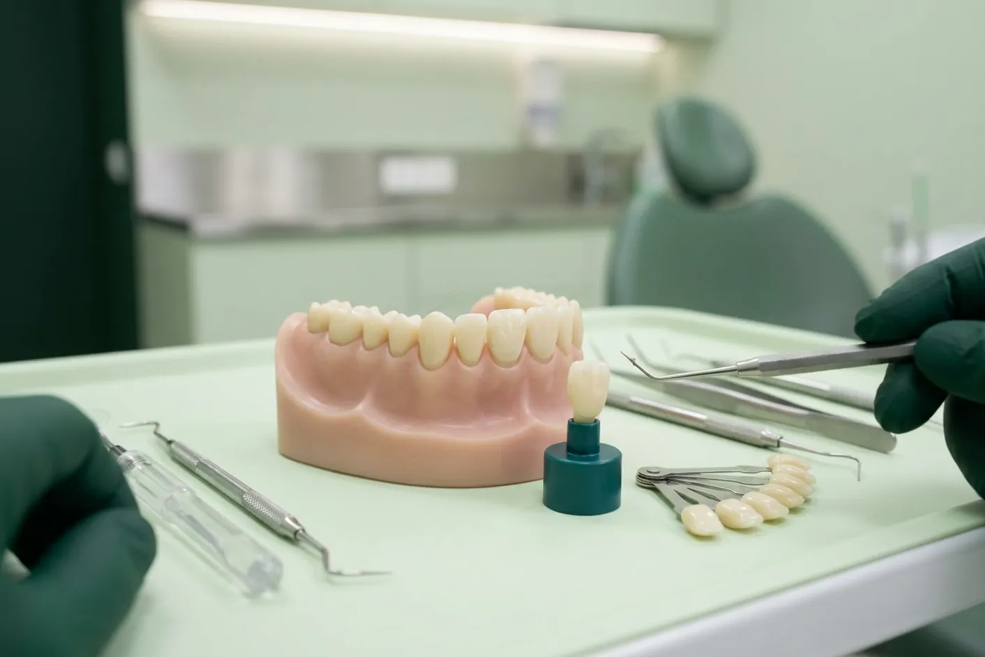 Render clinico dell'estetica dentale: i sei denti anteriori con la scala colori in miniatura