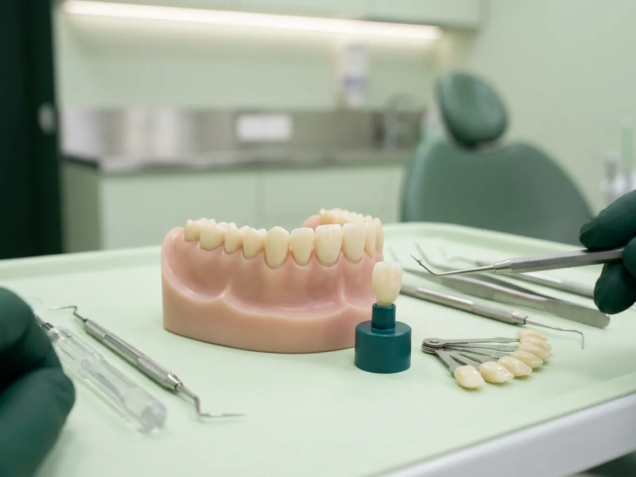 Render clinico dell'estetica dentale: i sei denti anteriori con la scala colori in miniatura