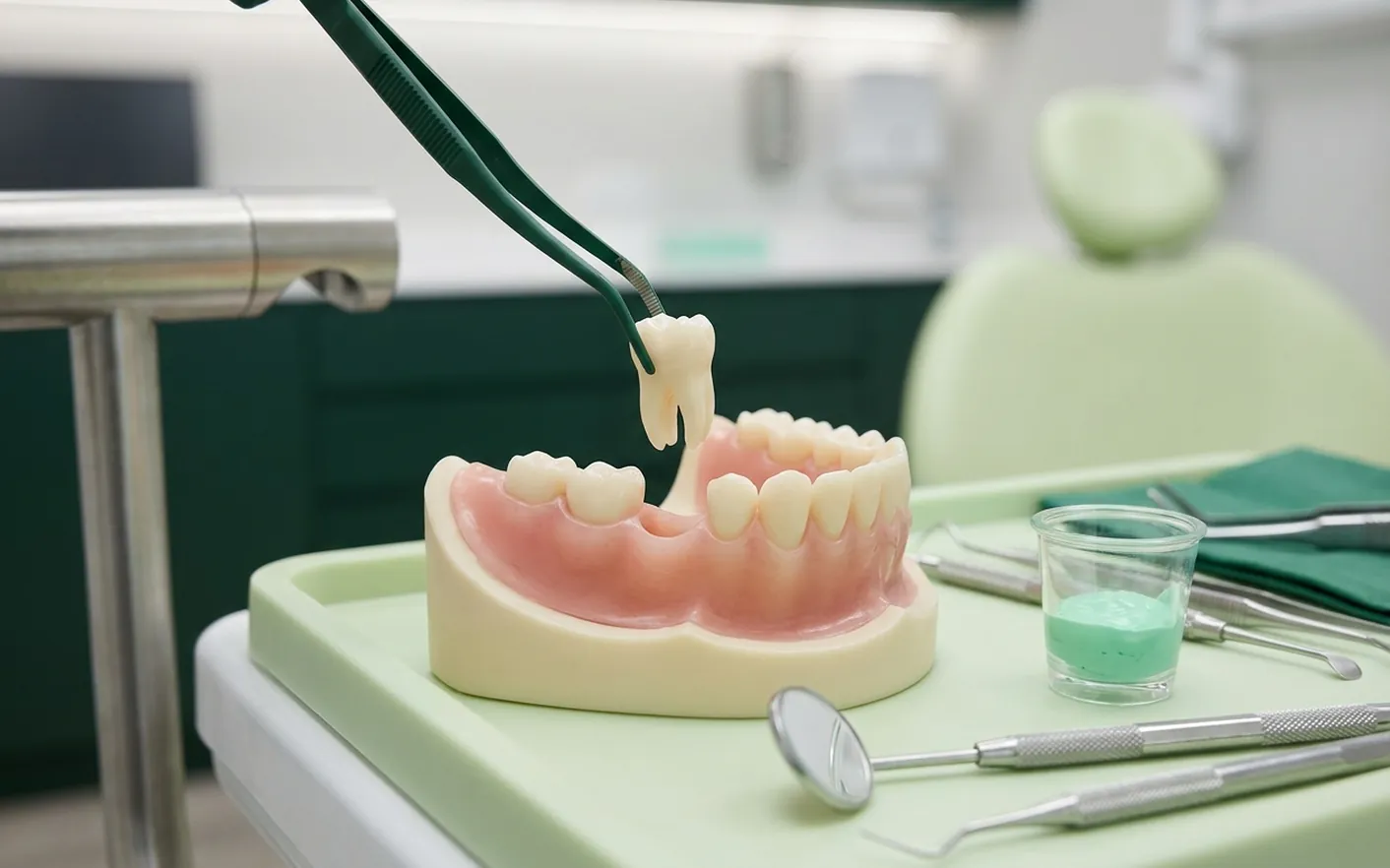 Render clinico dell'estrazione del dente: il molare sollevato dall'alveolo con la pinza