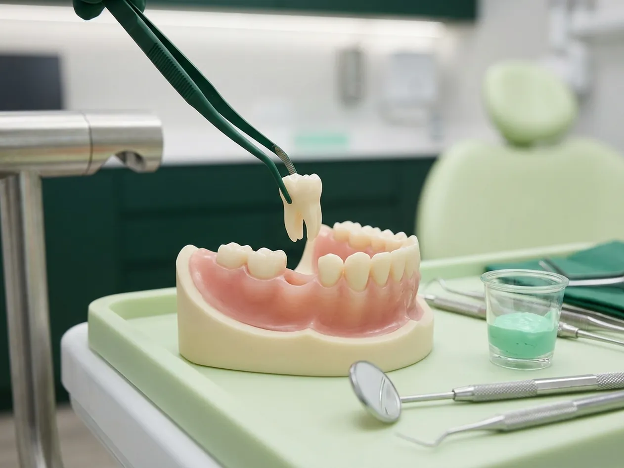 Render clinico dell'estrazione del dente: il molare sollevato dall'alveolo con la pinza