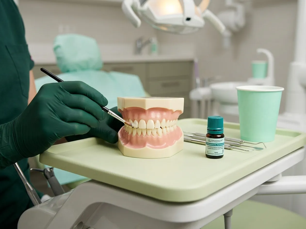 Render clinico della fluoroprofilassi: il pennellino che stende la vernice sui denti da latte