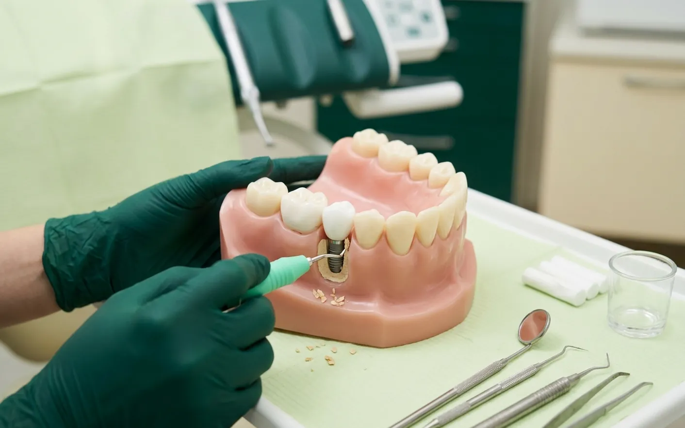 Render clinico dell'igiene dell'impianto: punta a ultrasuoni che pulisce il collo dell'impianto
