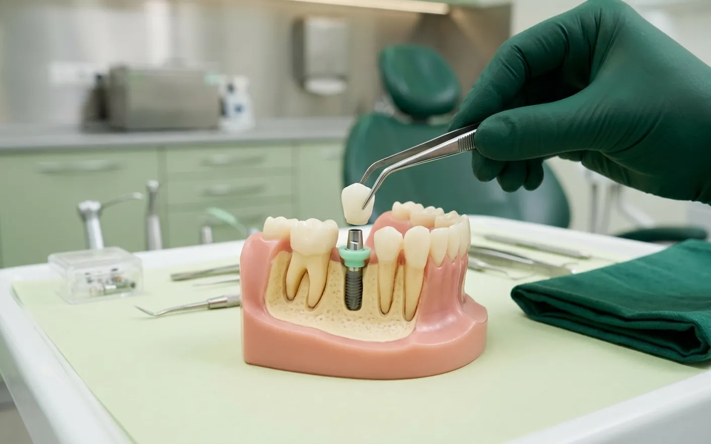 Render clinico di un impianto dentale: vite in titanio nell'osso, moncone e corona che scende sopra