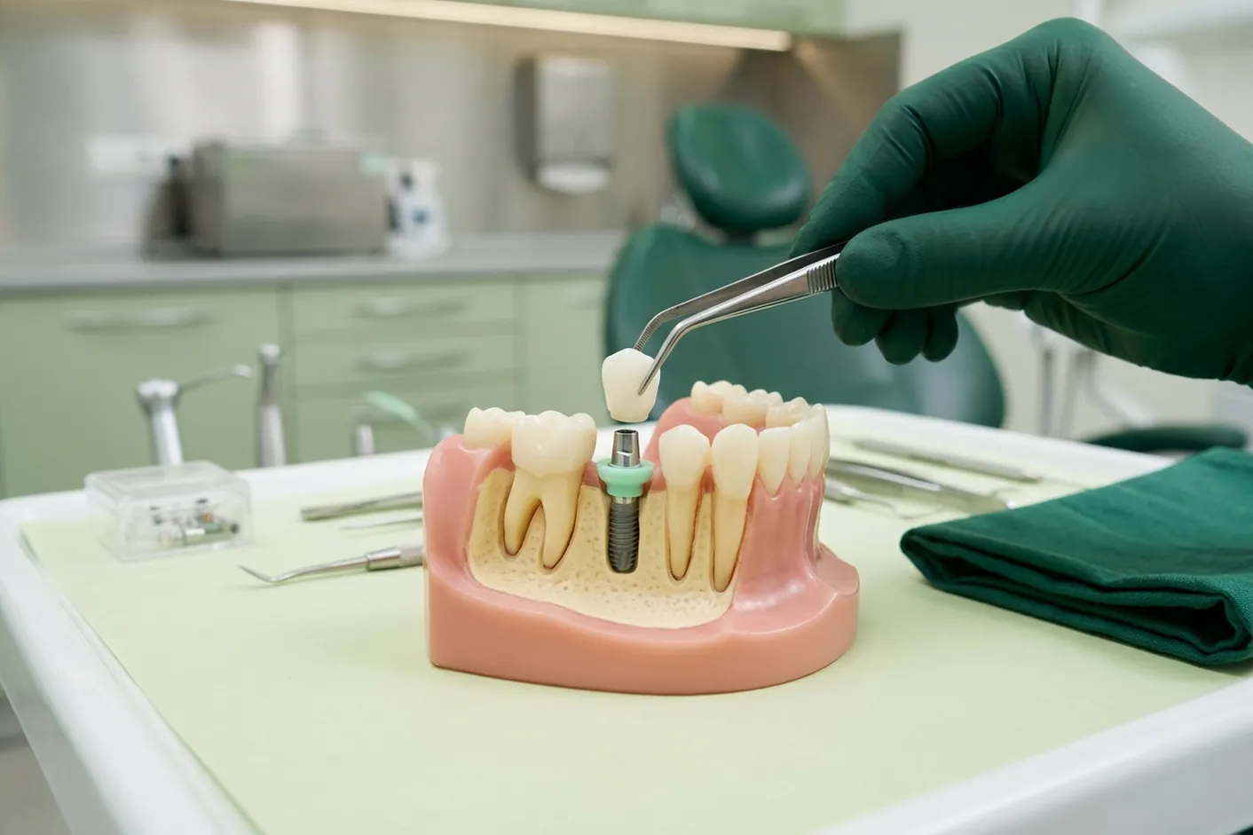 Render clinico di un impianto dentale: vite in titanio nell'osso, moncone e corona che scende sopra