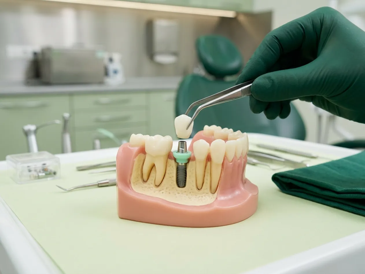 Render clinico di un impianto dentale: vite in titanio nell'osso, moncone e corona che scende sopra