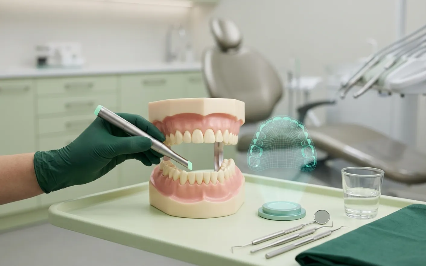 Render clinico dell'impronta digitale: lo scanner sull'arcata e il modello in wireframe che nasce accanto