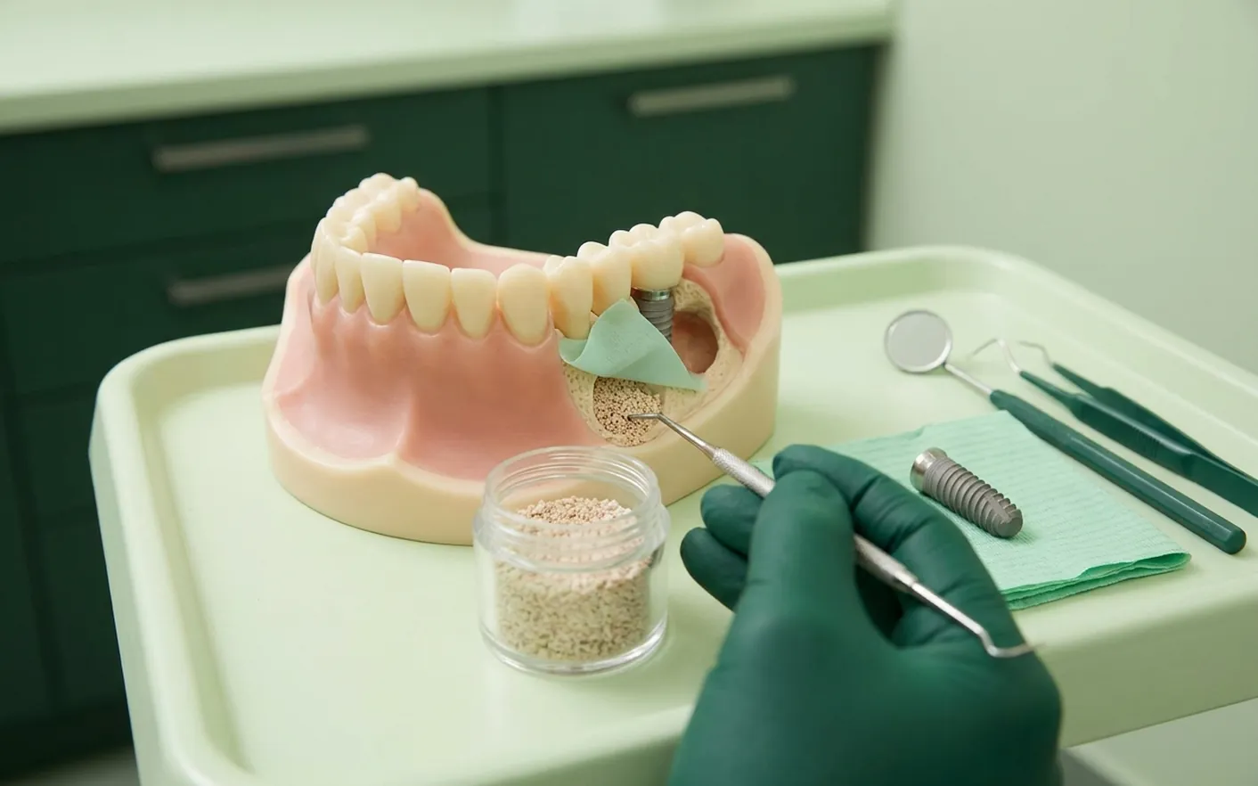 Render clinico dell'innesto osseo: granuli di osso sotto una membrana, con l'impianto che aspetta