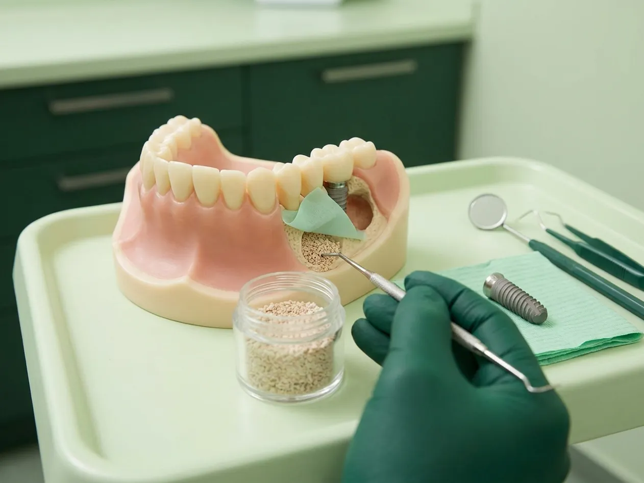 Render clinico dell'innesto osseo: granuli di osso sotto una membrana, con l'impianto che aspetta