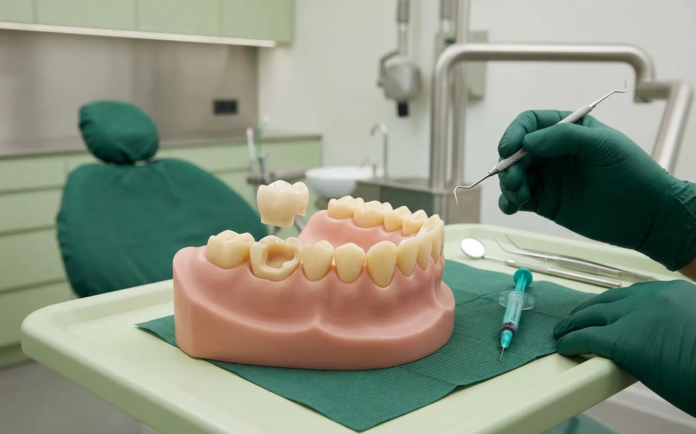 Render clinico dell'intarsio: il pezzo in ceramica che scende nella cavità preparata del molare