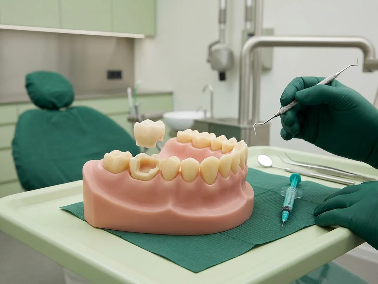 Render clinico dell'intarsio: il pezzo in ceramica che scende nella cavità preparata del molare