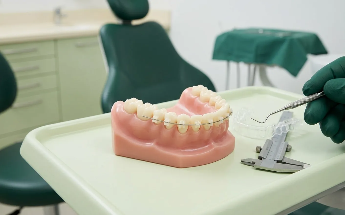 Render clinico dell'ortodonzia: l'arcata con i denti affollati, il filo, le placchette e l'allineatore