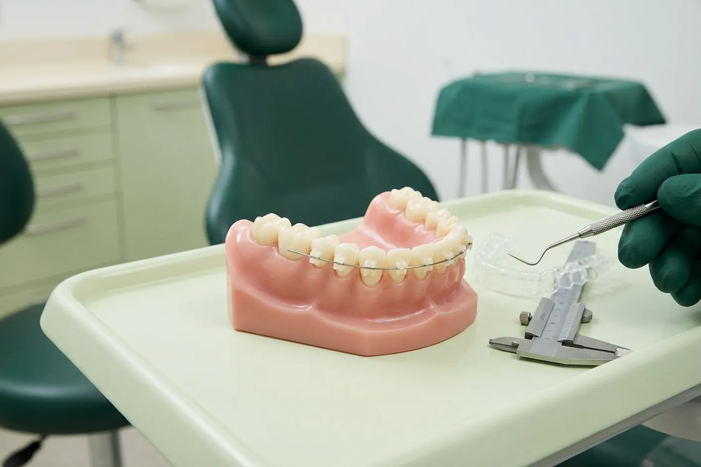 Render clinico dell'ortodonzia: l'arcata con i denti affollati, il filo, le placchette e l'allineatore