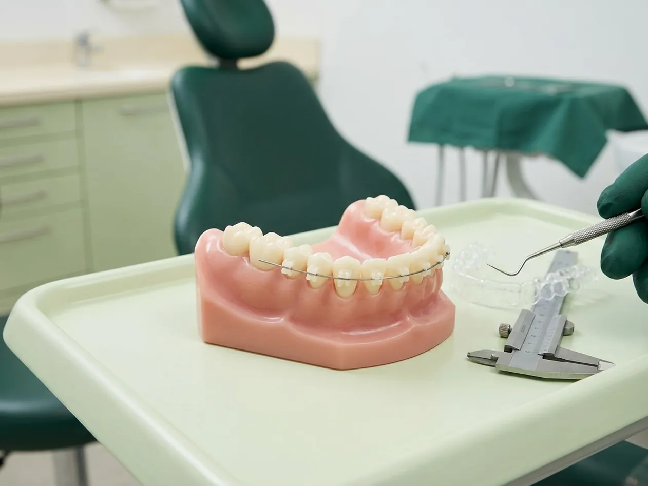 Render clinico dell'ortodonzia: l'arcata con i denti affollati, il filo, le placchette e l'allineatore
