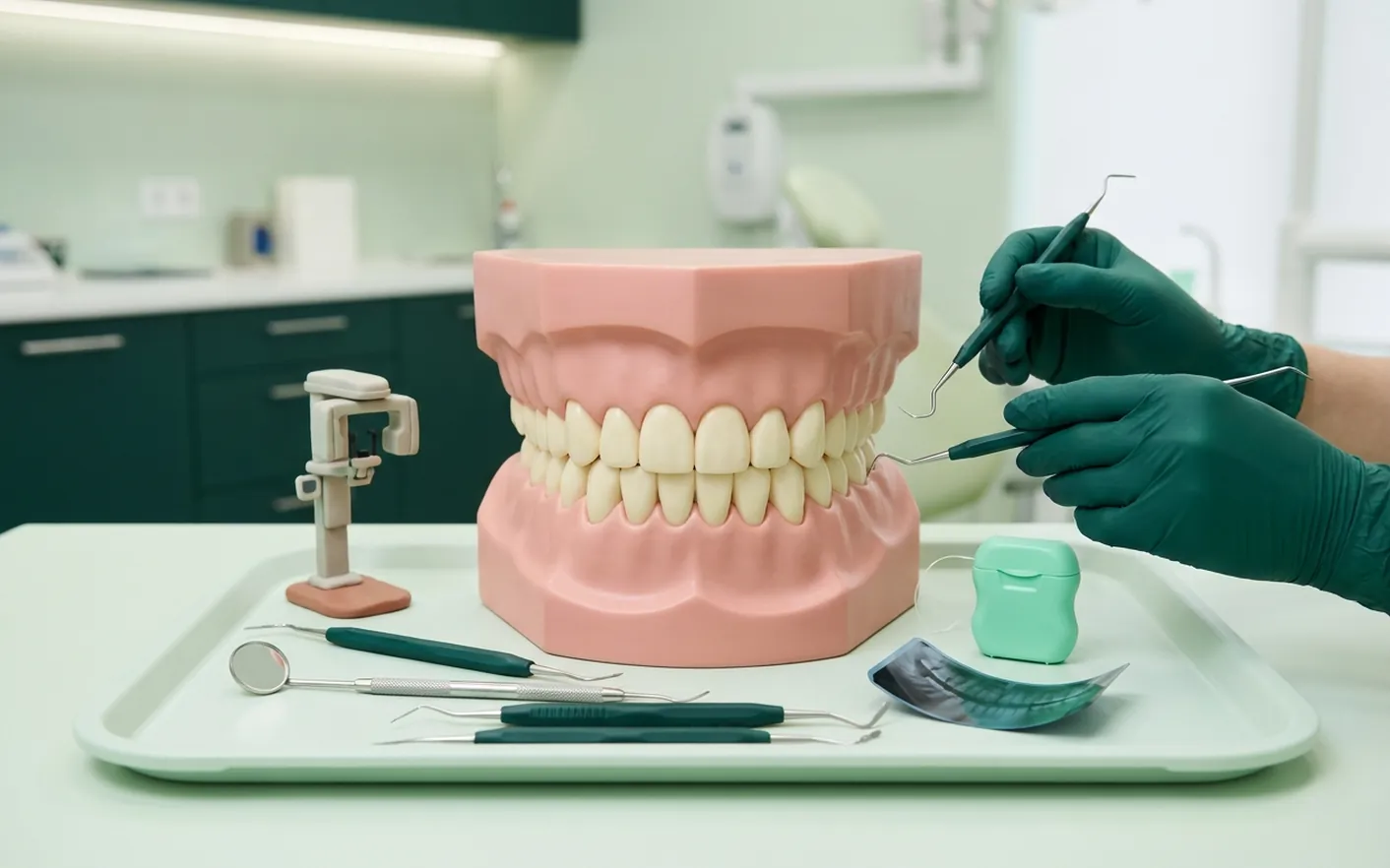 Render clinico della panoramica dentale: l'apparecchio che gira e la lastra con l'arcata intera
