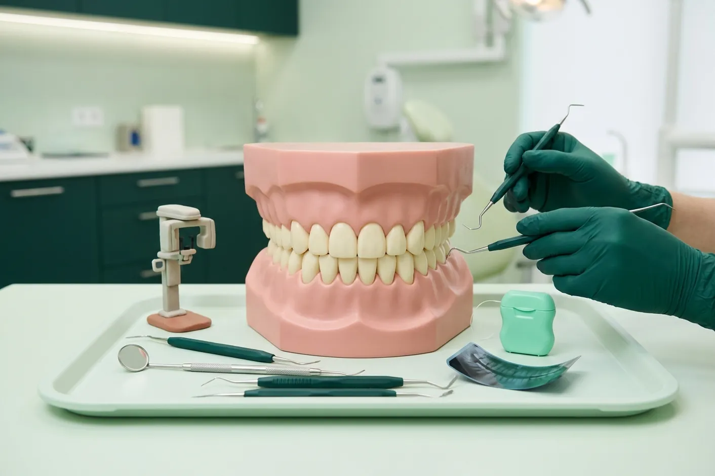 Render clinico della panoramica dentale: l'apparecchio che gira e la lastra con l'arcata intera