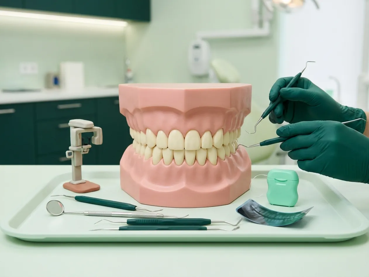 Render clinico della panoramica dentale: l'apparecchio che gira e la lastra con l'arcata intera