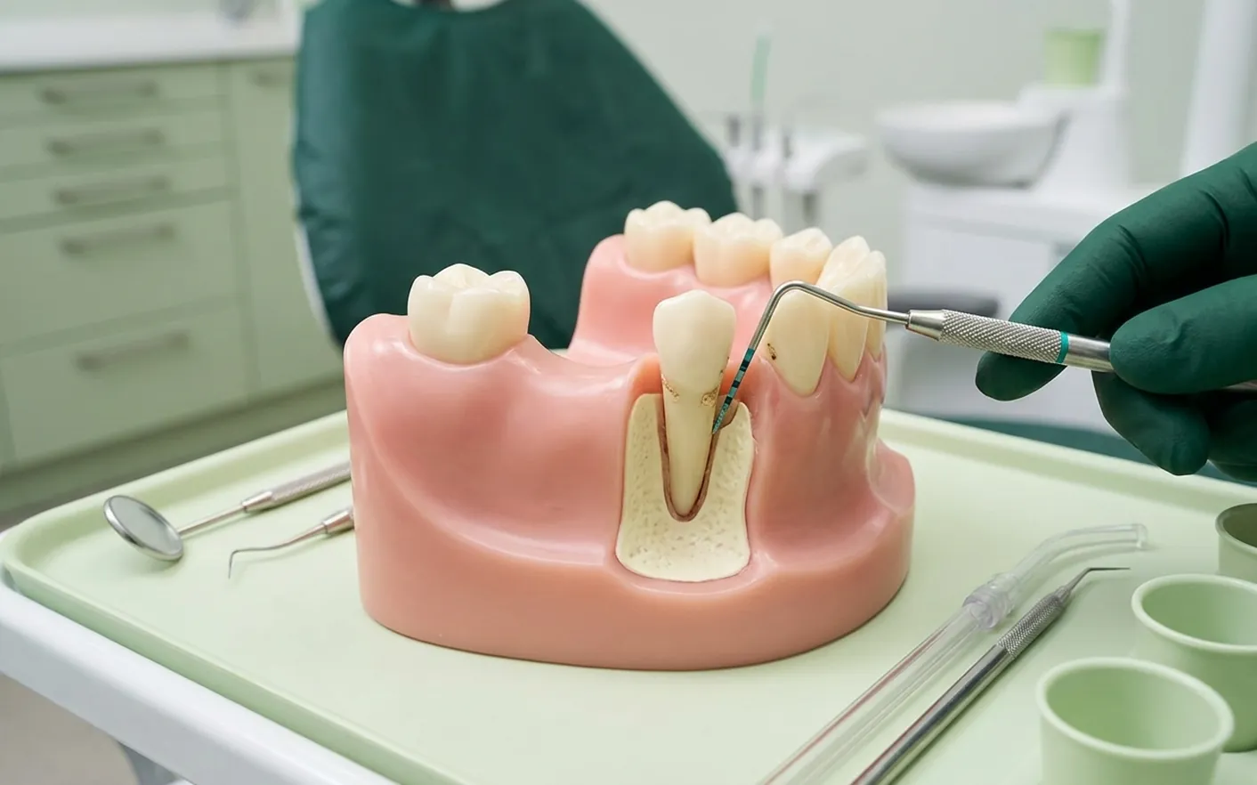Render clinico della parodontite: dente sano e dente con tasca e osso perso, sonda nella tasca