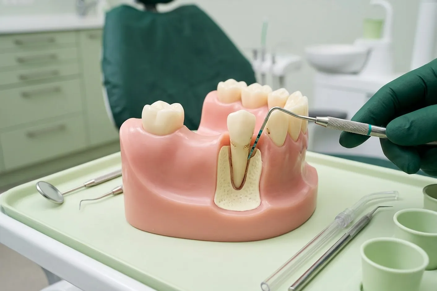 Render clinico della parodontite: dente sano e dente con tasca e osso perso, sonda nella tasca