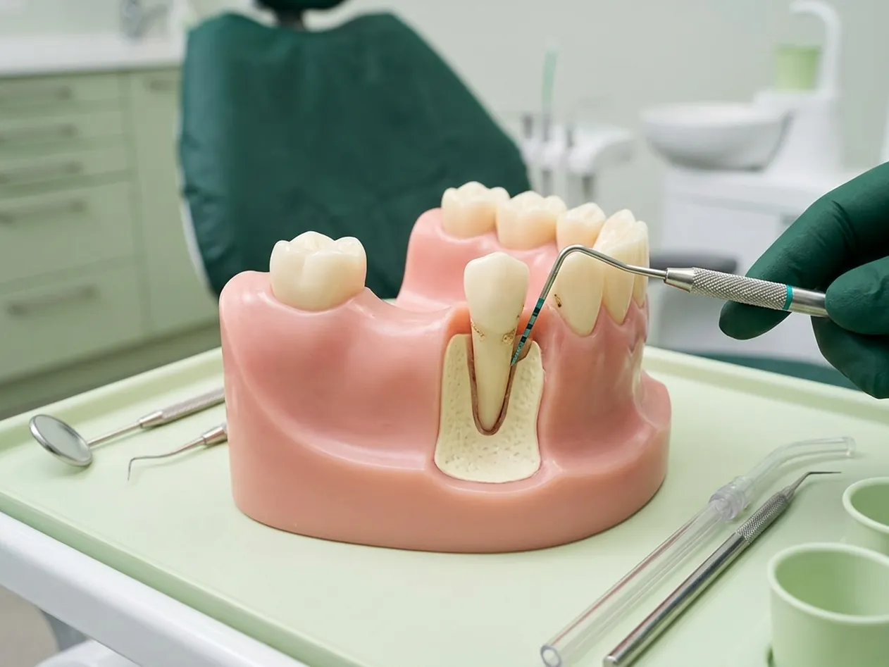 Render clinico della parodontite: dente sano e dente con tasca e osso perso, sonda nella tasca