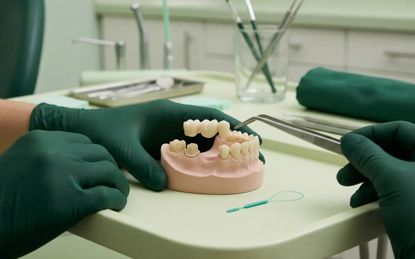 Render clinico del ponte dentale: i due pilastri limati e il ponte a tre elementi che scende sul vuoto