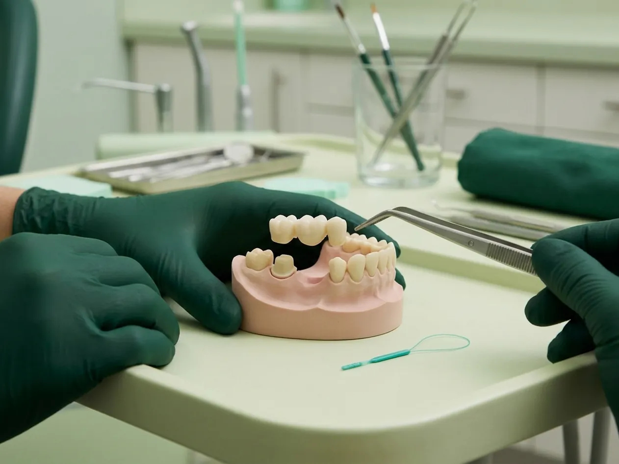 Render clinico del ponte dentale: i due pilastri limati e il ponte a tre elementi che scende sul vuoto