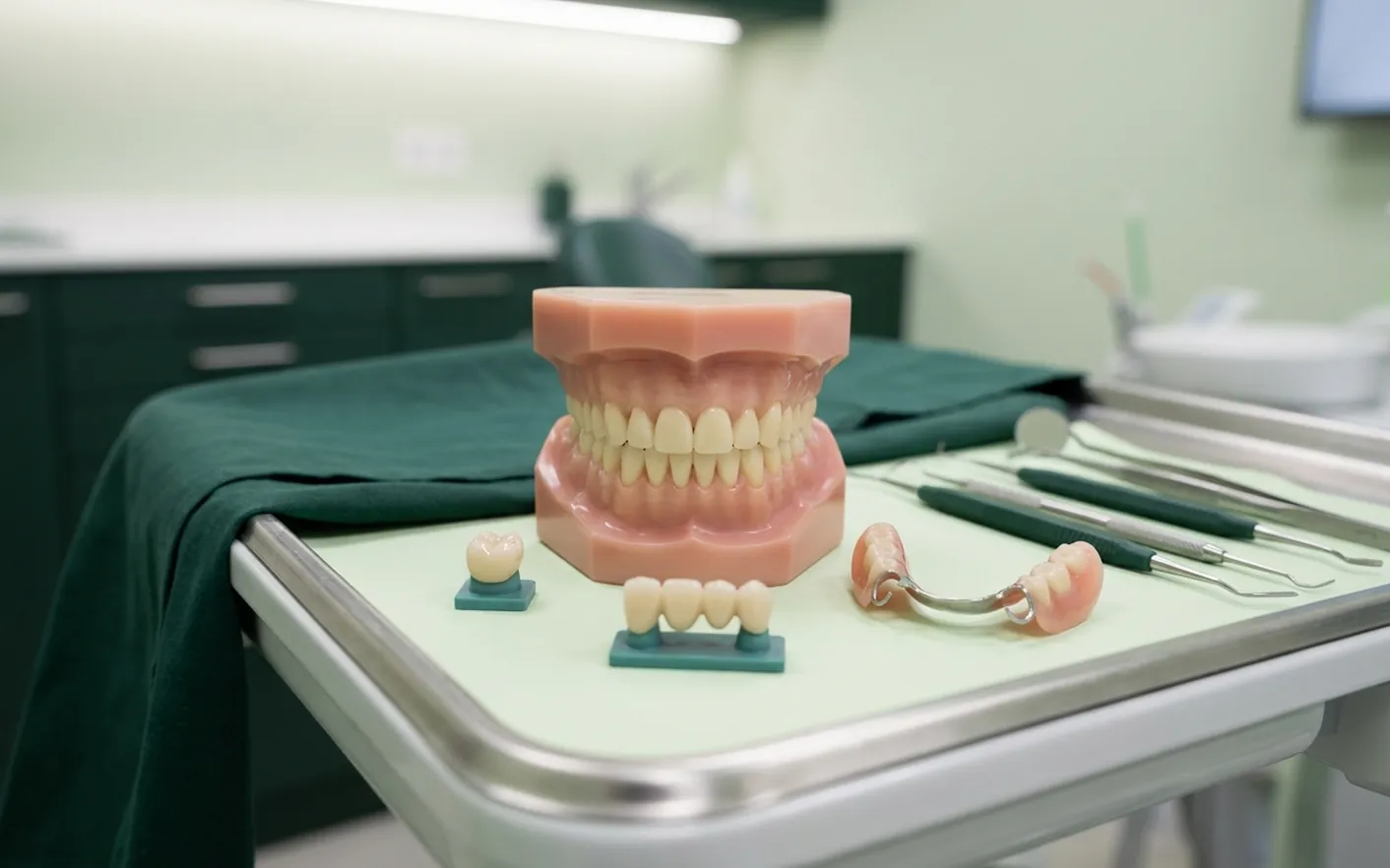 Render clinico delle protesi: corona, ponte e protesi parziale in fila su piccoli sostegni