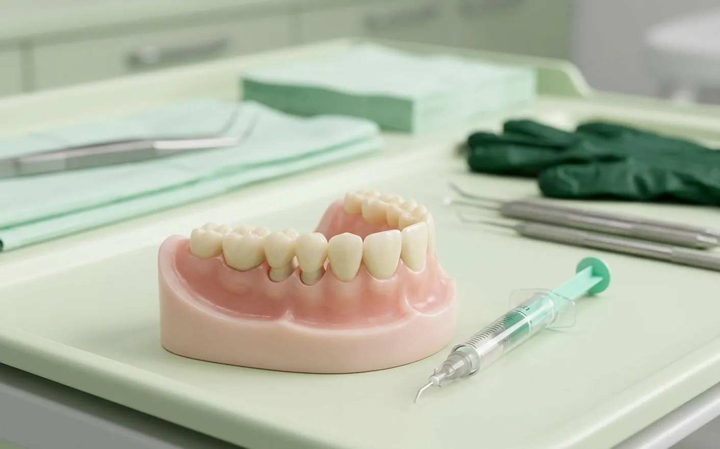 Render clinico della protesi fissa: corone e ponte cementati sui denti preparati