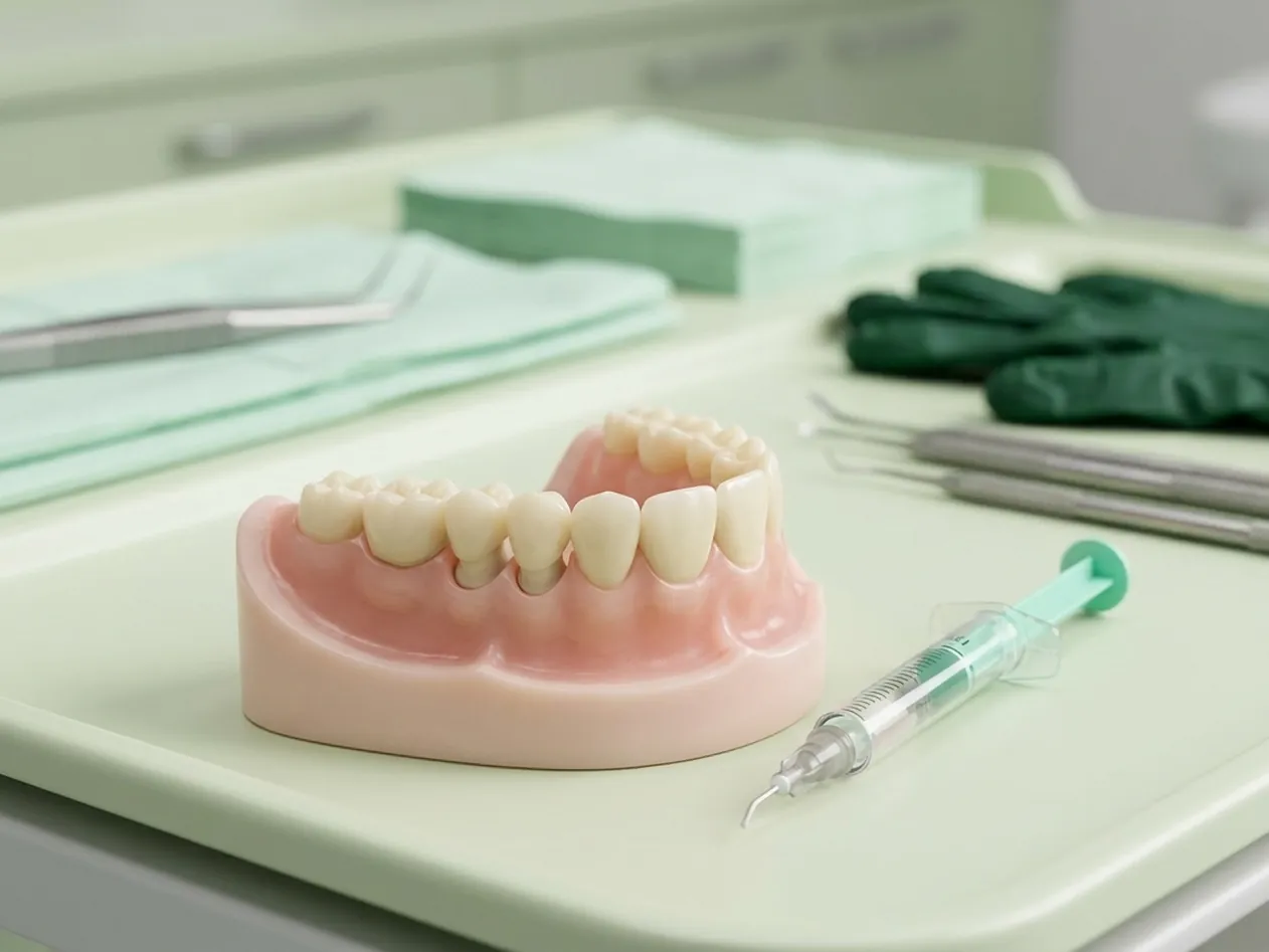 Render clinico della protesi fissa: corone e ponte cementati sui denti preparati