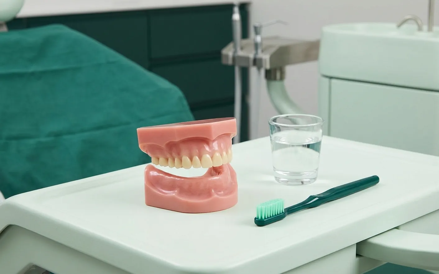 Render clinico della protesi mobile: la dentiera sollevata dalla gengiva, con bicchiere e spazzolino