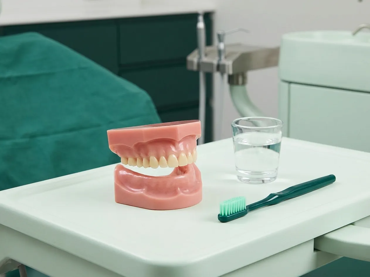 Render clinico della protesi mobile: la dentiera sollevata dalla gengiva, con bicchiere e spazzolino