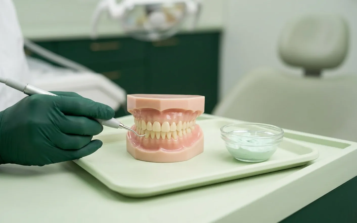 Render clinico della pulizia dei denti: tartaro che si stacca e spray di polvere dell'airflow
