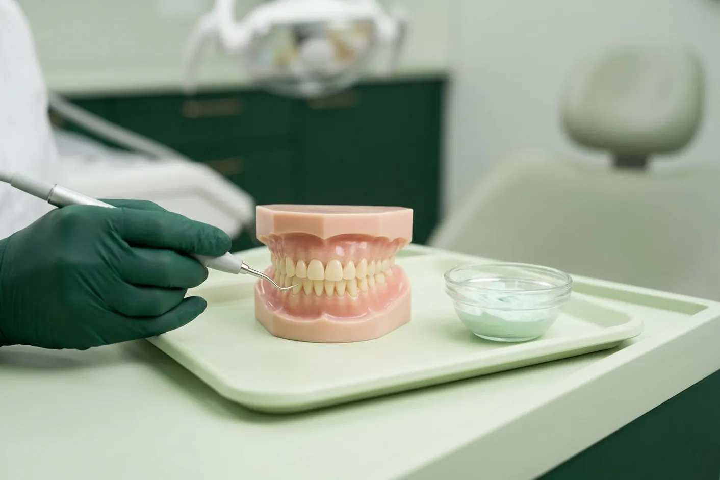 Render clinico della pulizia dei denti: tartaro che si stacca e spray di polvere dell'airflow